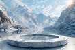 A large round podium with a white background surrounded by icebergs and snow-covered mountains, creating an ethereal atmosphere. Created with Ai