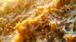 Golden close-up of a honeycomb slice dripping with sweet honey