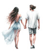 Couple in love Girl and guy, in stylish summer clothes, holding hands, rear view. Walking youth. Watercolor illustration on transparent background