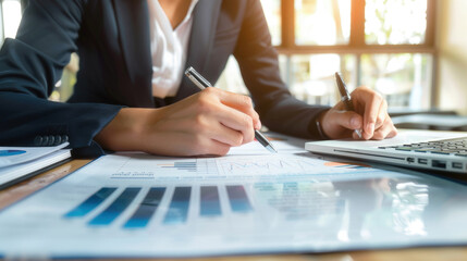 Wall Mural - A person is analyzing charts and graphs while writing notes and using a calculator at a desk