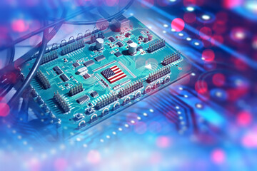 Poster - Digital board with USA flag. Microboard for computer. PCB made in USA. Manufacturing of world electronics in united states. Digital board for equipment. Production of computer chips in America