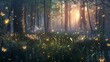 Glowing fireflies, dense forest, close-up, low angle, ethereal twilight, enchanted ambiance