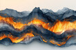 Abstract mountain range made of flowing lava and fire, rendered in the style of a soft watercolor with a palette dominated by deep blue tones. Created with Ai