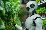 Fototapeta Uliczki - AIdriven vertical farming, robots with veggies, analytics interface, space for copy