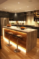 Wall Mural - A kitchen with a counter top and two stools in the middle. AI.