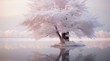 Wall Mural - A tree is sitting in the middle of a lake with snow on it. AI.