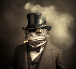 Wall Mural - A lizard man in a top hat smoking with smoke coming out of his mouth. AI.