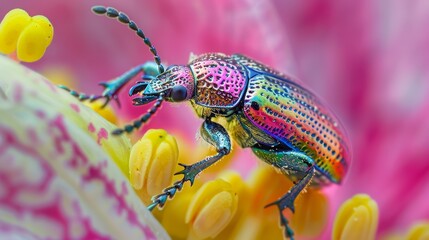 Wall Mural - Insects and Bugs: A macro close-up photo of a beetle perched on a flower petal