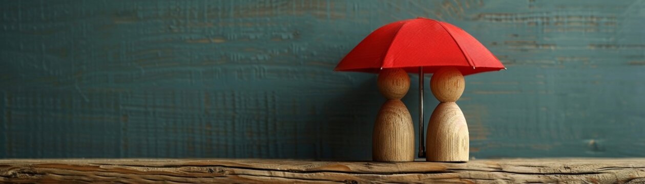 Wooden man and woman figures, sheltered by red umbrella, family protection theme, room for text