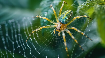 Wall Mural - Insects and Bugs: A macro close-up photo of a spider weaving its web