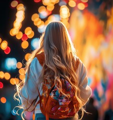 Wall Mural - A woman with long blonde hair and a backpack walking down the street. AI.