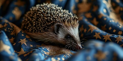 Poster - A hedgehog is sitting on a blanket with stars and blue fabric. AI.