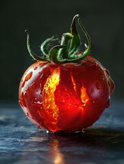 Wall Mural - A tomato with water dripping from it is shown. AI.