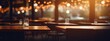 Empty outdoor restaurant and coffee shop on blurred city light background.