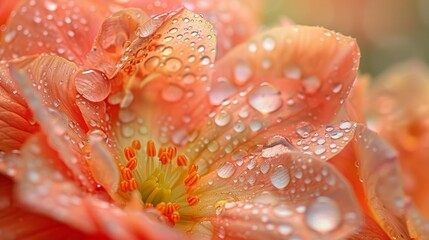 Wall Mural - Water Droplets: A macro close-up photo of water droplets clinging to the delicate petals of a flower