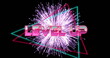 Image of level up text in metallic pink letters with triangles over purple fireworks