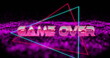 Image of game over text in metallic pink letters with triangles over purple mesh