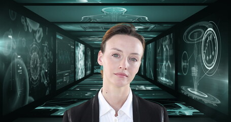 Poster - Image of businesswoman over screens with medical data processing