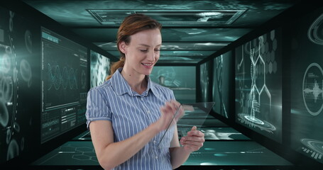 Poster - Image of businesswoman using tablet over screens with medical data processing