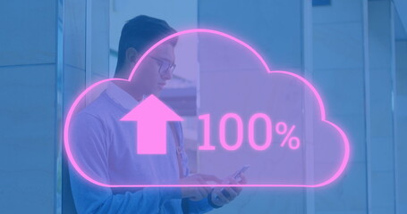 Poster - Image of cloud with arrows and percent going up over biracial man using smartphone