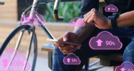 Poster - Image of clouds with arrows and percent going up over caucasian man using smartphone