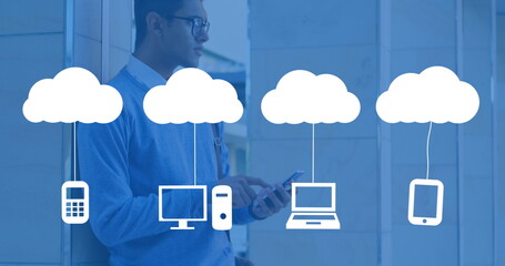 Poster - Image of clouds with electronic devices over biracial man using smartphone