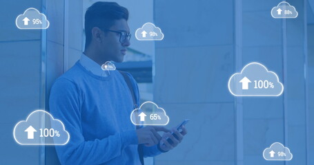 Poster - Image of clouds with arrows and percent going up over biracial man using smartphone