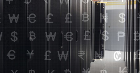 Poster - Image of currency symbols over server room