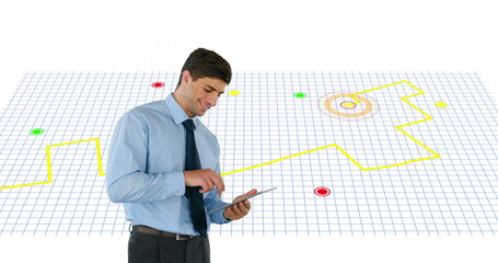 Poster - Caucasian man using a digital tablet against navigation map line scheme on white background
