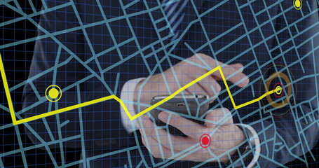 Poster - Navigation map line scheme against mid section of businessman using a smartphone