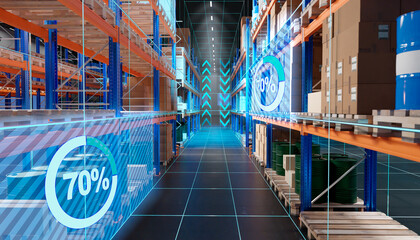 Poster - Digitalization of warehouse. Technological distribution center. Filling numbers near warehouse shelves. Warehouse concept with machine vision. Automation of storage fullness determination. 3d image