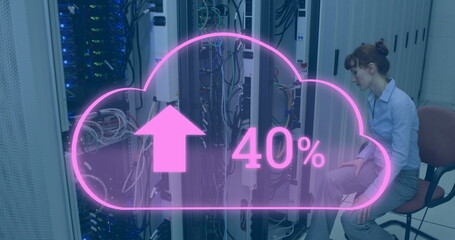 Poster - Image of clouds icon over caucasian female worker inspecting server room