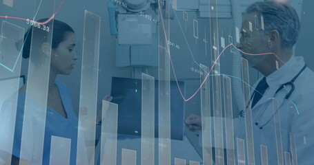 Poster - Image of financial graphs over caucasian female and male doctors talking
