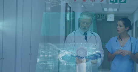 Poster - Image of data processing on screens over diverse female and male doctors talking
