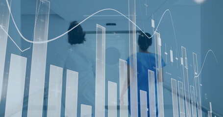 Poster - image of financial graphs over back view of diverse female doctors running