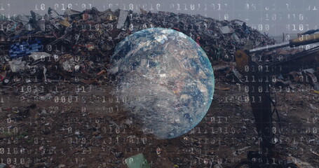 Poster - Image of data processing and globe over rubbish dump