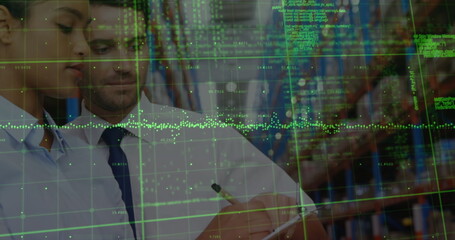 Poster - image of data processing over diverse female and male warehouse workers