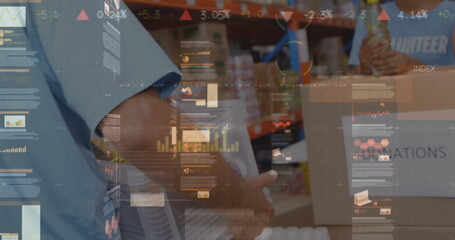 Poster - Image of financial graphs over diverse female and male warehouse workers