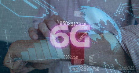 Poster - Image of data processing and 6g text over caucasian woman with smartwatch