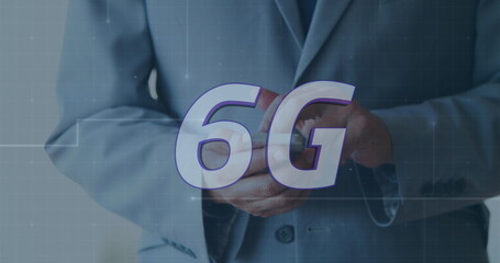 Poster - Image of 6g and lines over hands of caucasian businessman using smartphone