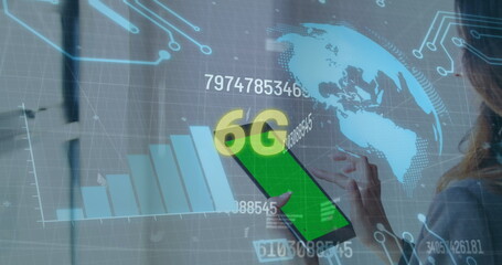 Poster - Image of data processing and 6g text over caucasian woman with tablet