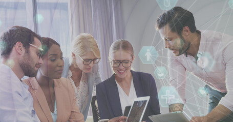 Poster - Image of statistics and data processing over business people using meeting