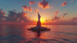 A statue of liberty is on a small island in the ocean