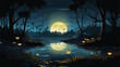 Night jungle forest swamp with firefly background. Fa