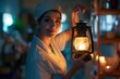 A nurse holding a lamp in dark ward premises , light up her face and around by lamp