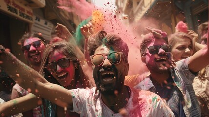 Wall Mural - A group of friends joyfully hurling handfuls of bright colored powder at each other, their laughter echoing through the streets during the Holi festival.