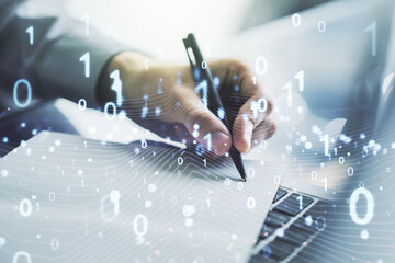 Aufkleber - Creative concept of binary code illustration and hand writing in notebook on background with laptop. Big data and coding concept. Multiexposure