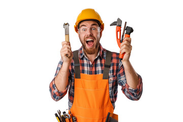 A happy construction worker in full equipment isolated on a transparent background