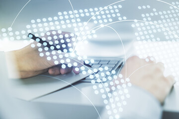 Poster - abstract creative world map with connections and hand writing in notebook on background with laptop,