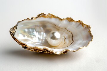 A pearl oyster shell with gold edging, white background. Pearl in the center of an open seashell